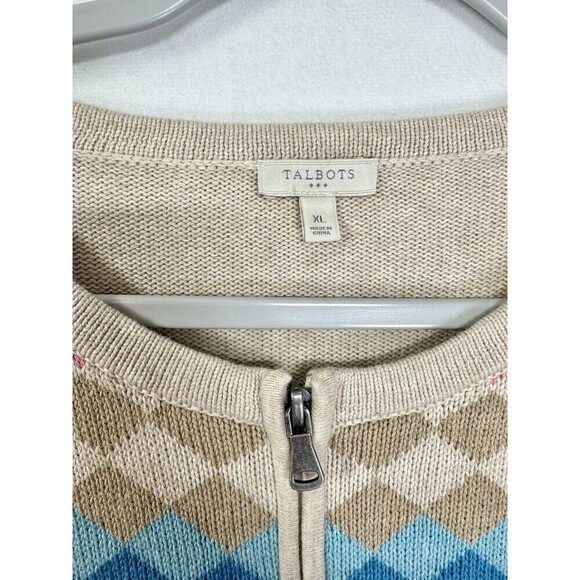 Talbots Argyle Full Zip Jacket Cardigan Womens XL Tan Pink Blue Diamond Sweater - Picture 3 of 8